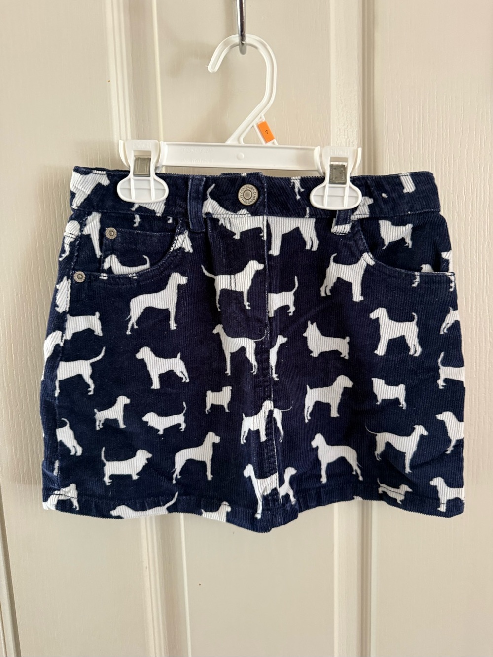 Girls Mini Boden Navy Corduroy Skirt with White Dog Silhouettes 7-8Y